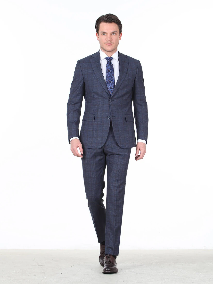 Light Navy Blue Checkered Modern Fit Wool Blended Suit - 2