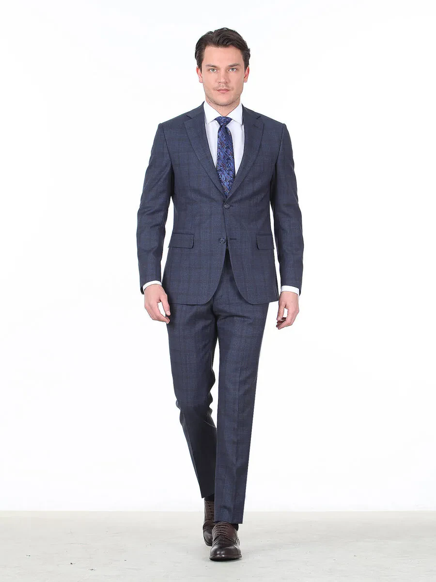 Light Navy Blue Checkered Modern Fit Wool Blended Suit - 2