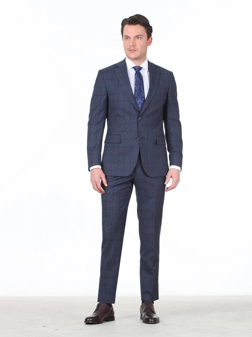 Light Navy Blue Checkered Modern Fit Wool Blended Suit - 3