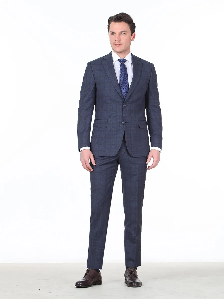 Light Navy Blue Checkered Modern Fit Wool Blended Suit - 3