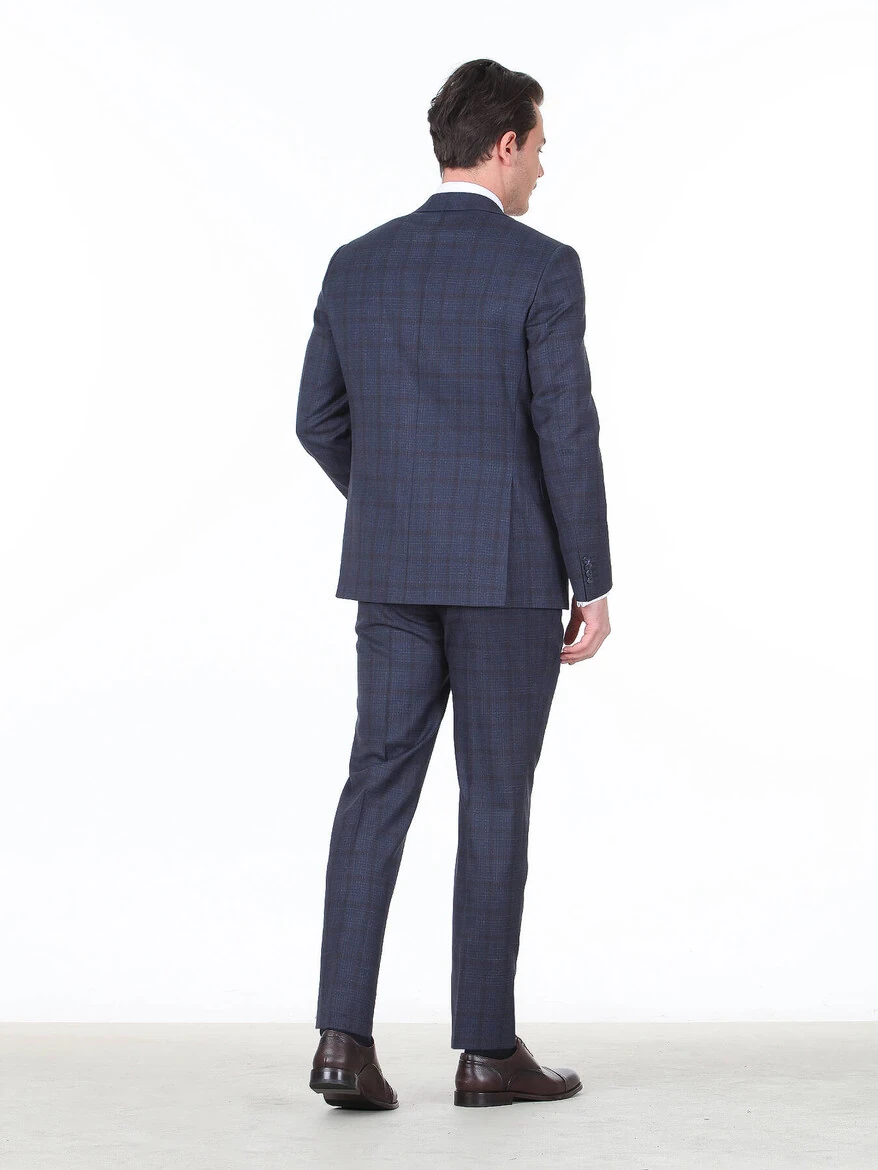 Light Navy Blue Checkered Modern Fit Wool Blended Suit - 4