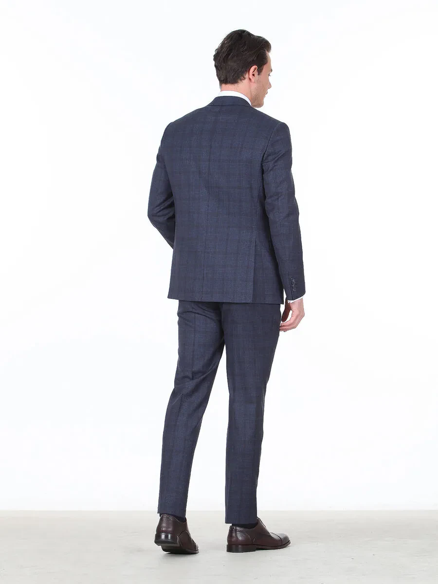 Light Navy Blue Checkered Modern Fit Wool Blended Suit - 4
