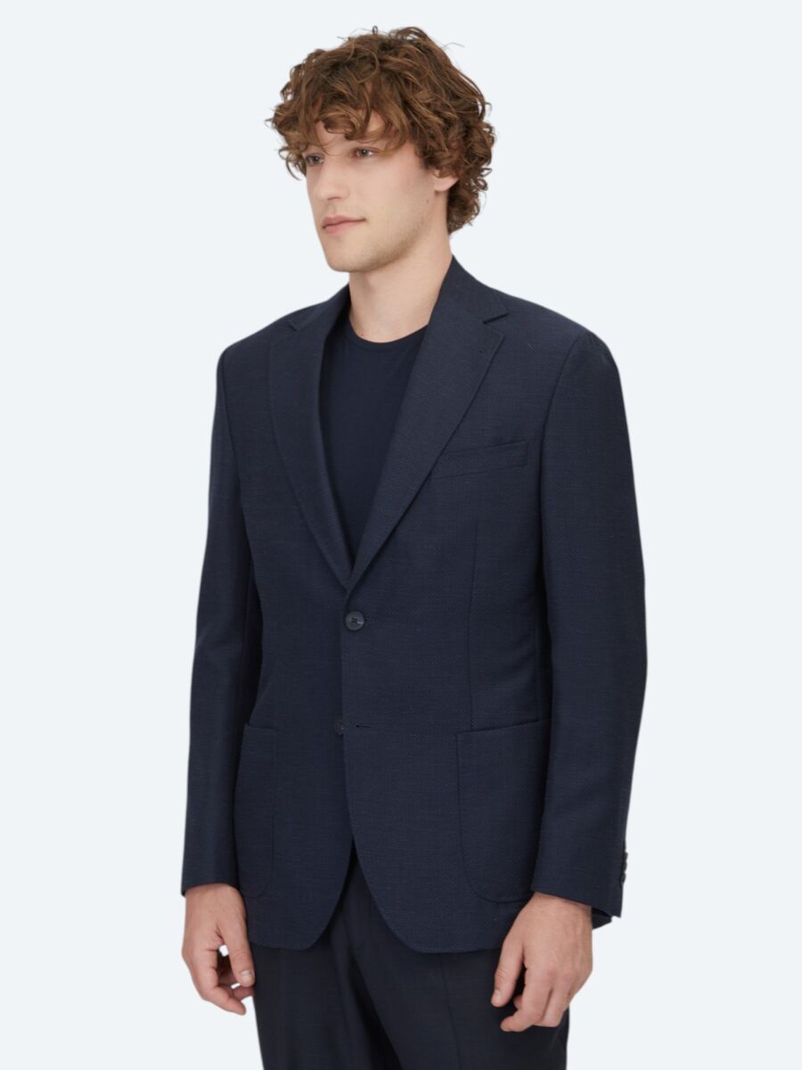 Light Navy Blue Plain Modern Fit Wool Blended Jacket - 1