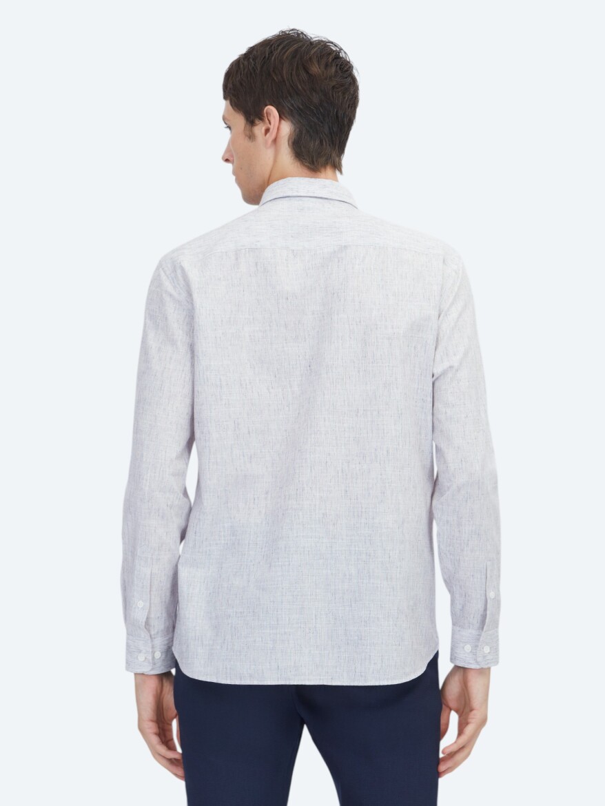 Light Navy Blue Plain Regular Fit Long Weaving Casual Cotton Blended Shirt - 5