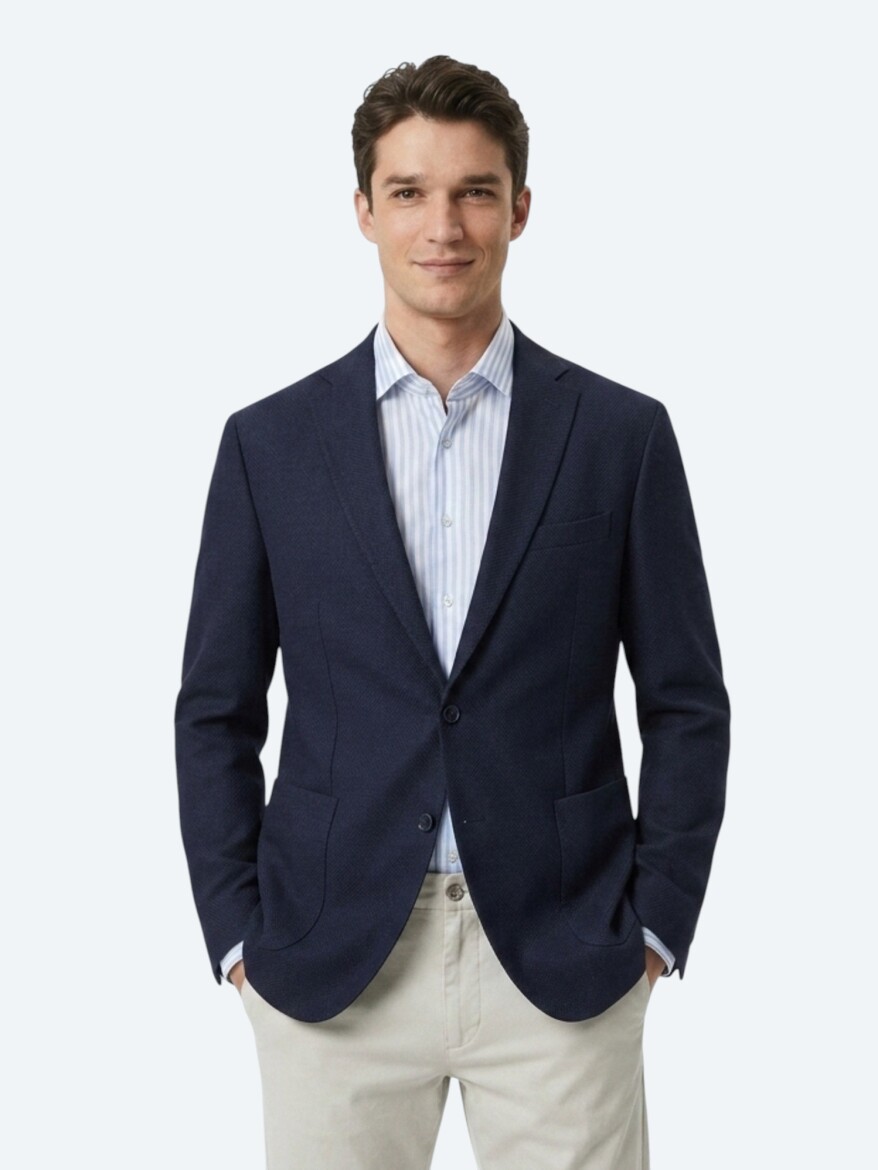 Light Navy Blue Plain Regular Fit Wool Blended Jacket 