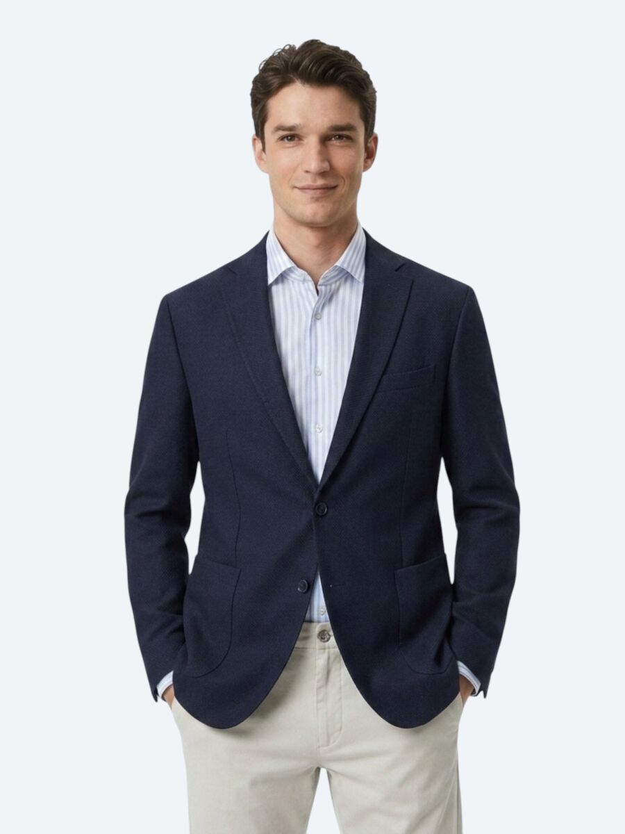 Light Navy Blue Plain Regular Fit Wool Blended Jacket - 1