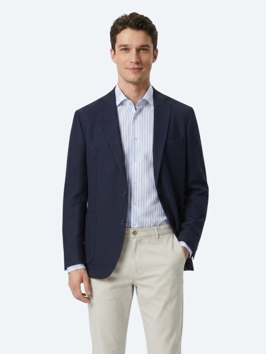 Light Navy Blue Plain Regular Fit Wool Blended Jacket - 2