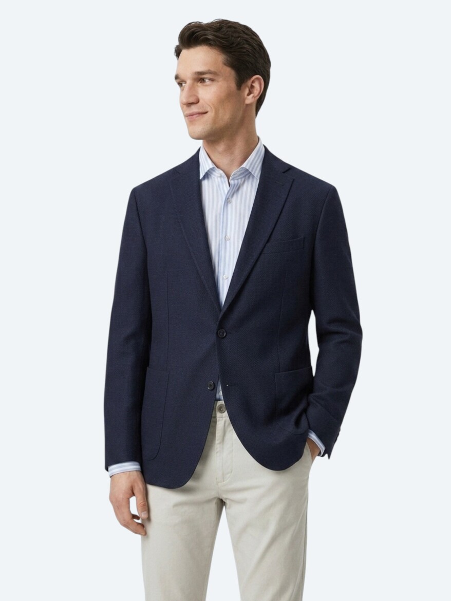 Light Navy Blue Plain Regular Fit Wool Blended Jacket - 4