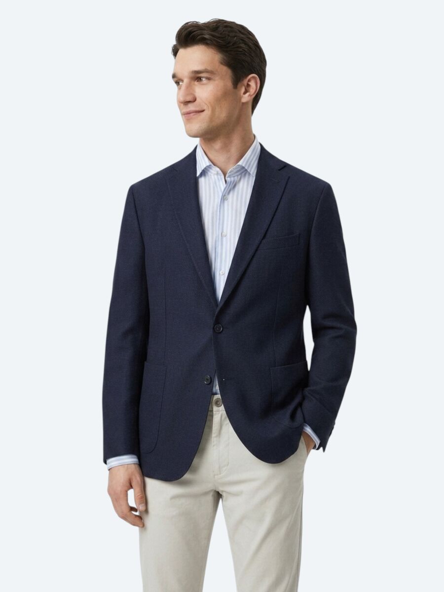 Light Navy Blue Plain Regular Fit Wool Blended Jacket - 4