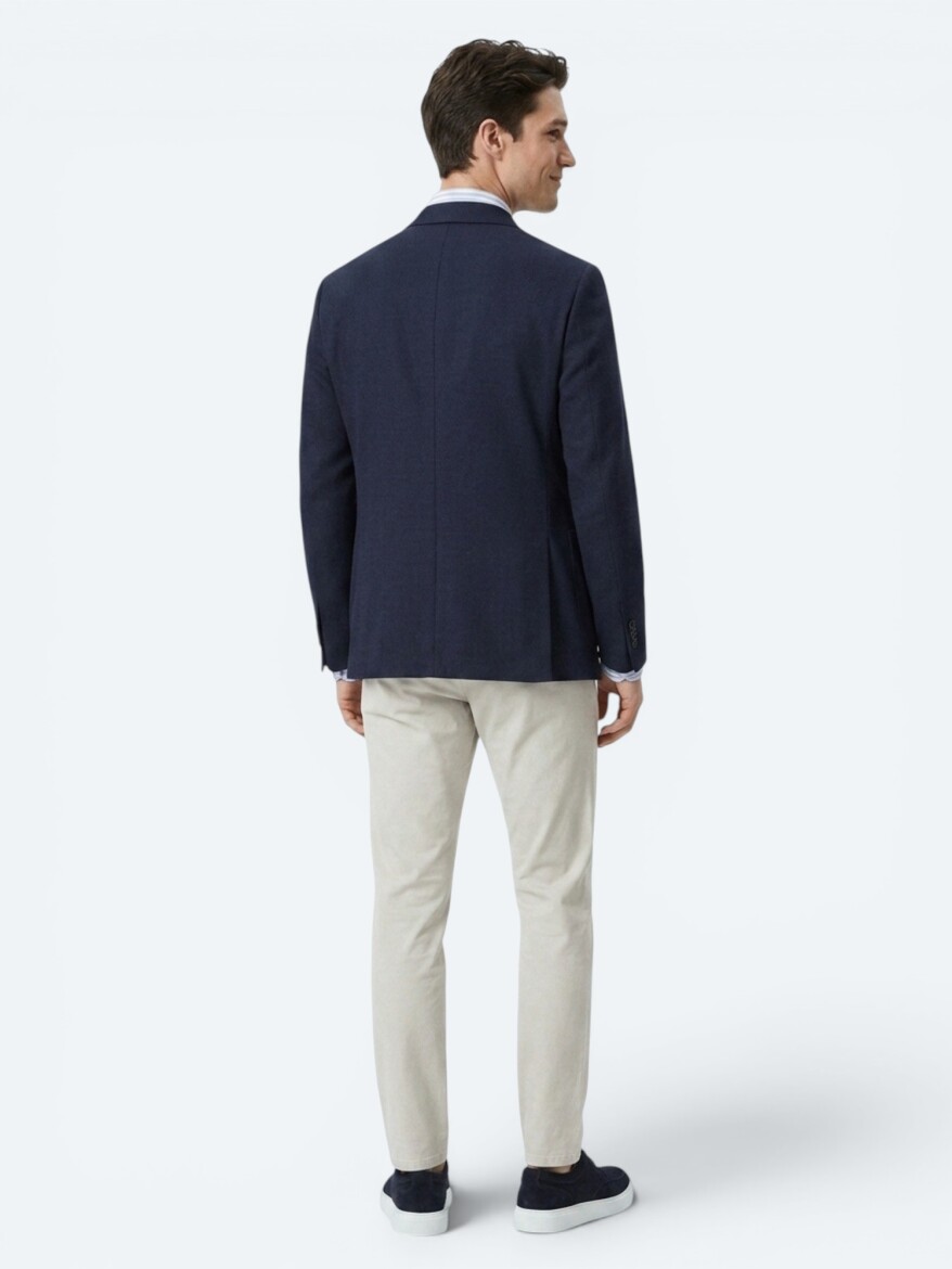 Light Navy Blue Plain Regular Fit Wool Blended Jacket - 5