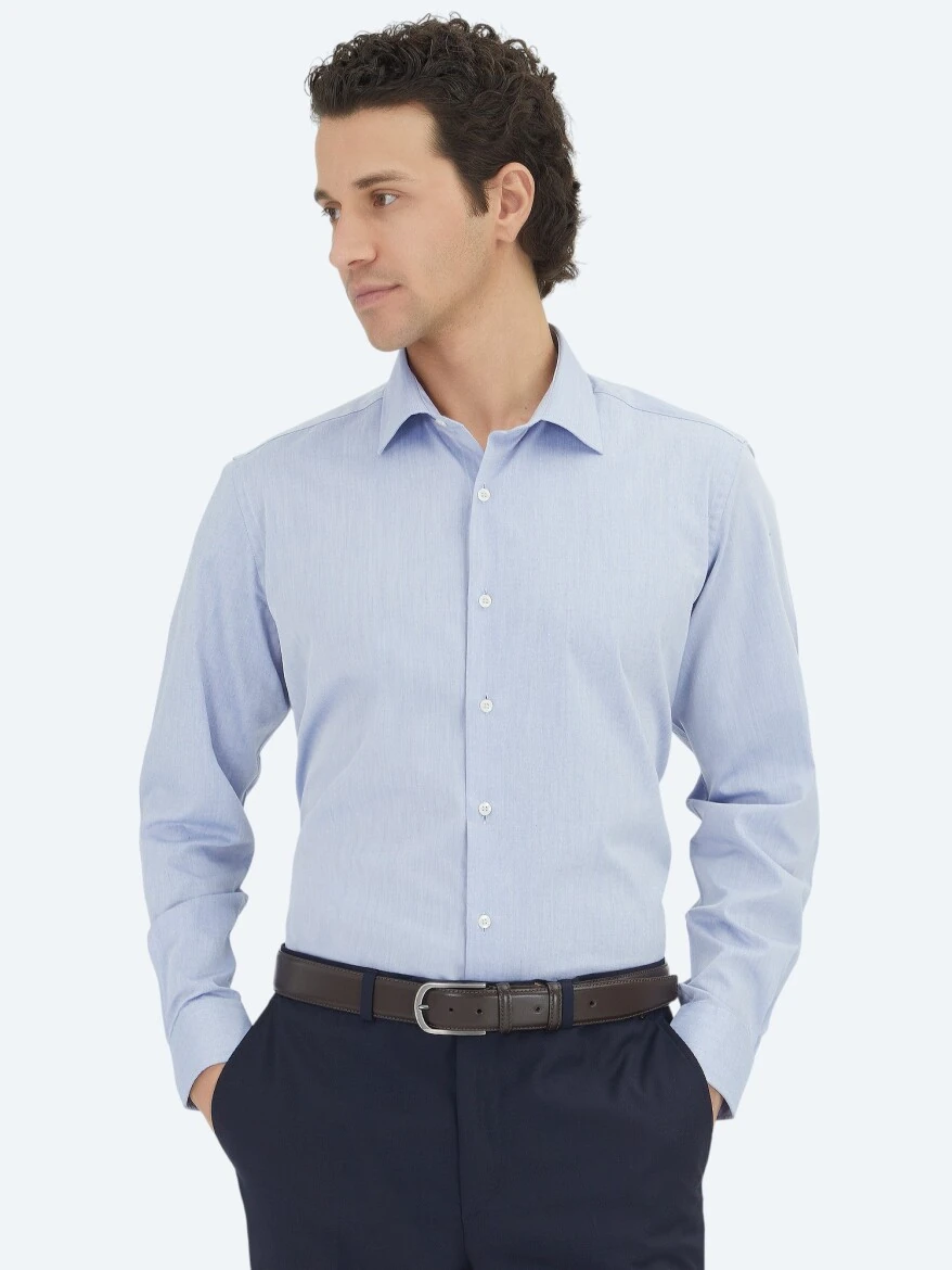 Light Navy Blue Regular Fit Weaving Classical Cotton Blended Shirt - KİP