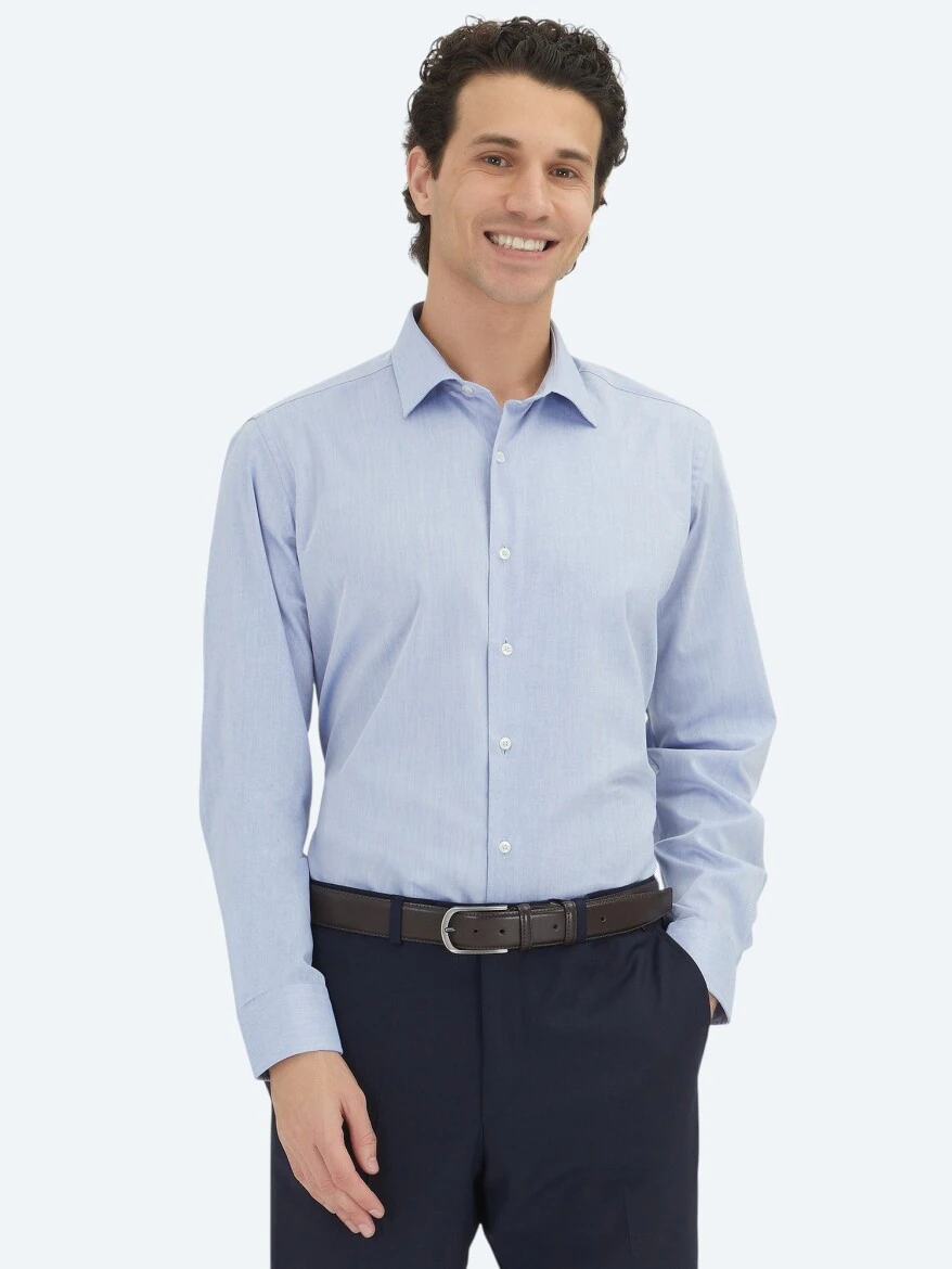 Light Navy Blue Regular Fit Weaving Classical Cotton Blended Shirt - KİP