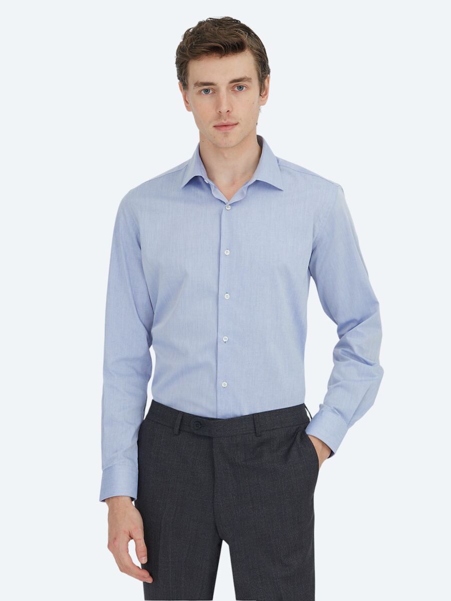 Light Navy Blue Regular Fit Weaving Classical Cotton Blended Shirt - 1