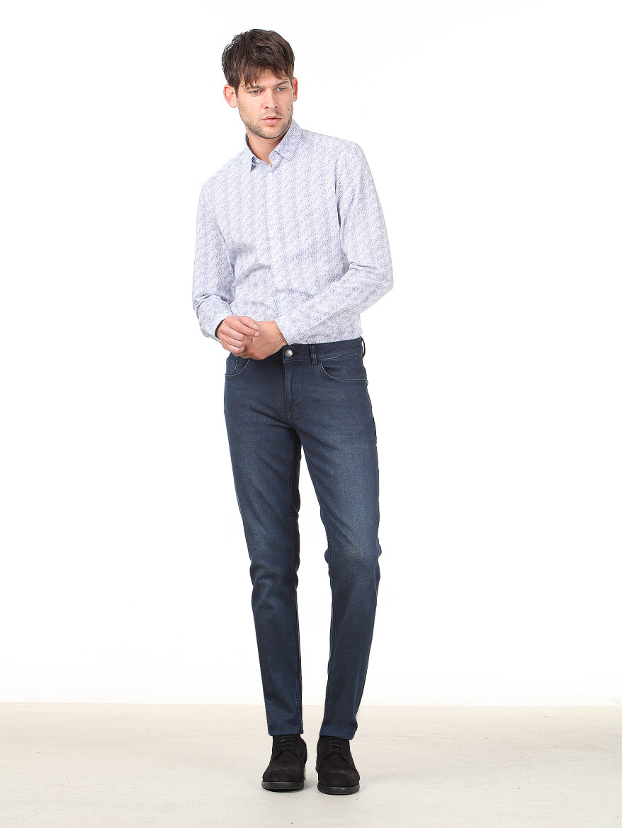 Light Navy Blue Slim Fit Denim Cotton Blended Trousers - 2