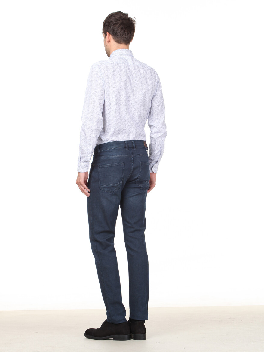 Light Navy Blue Slim Fit Denim Cotton Blended Trousers - 4