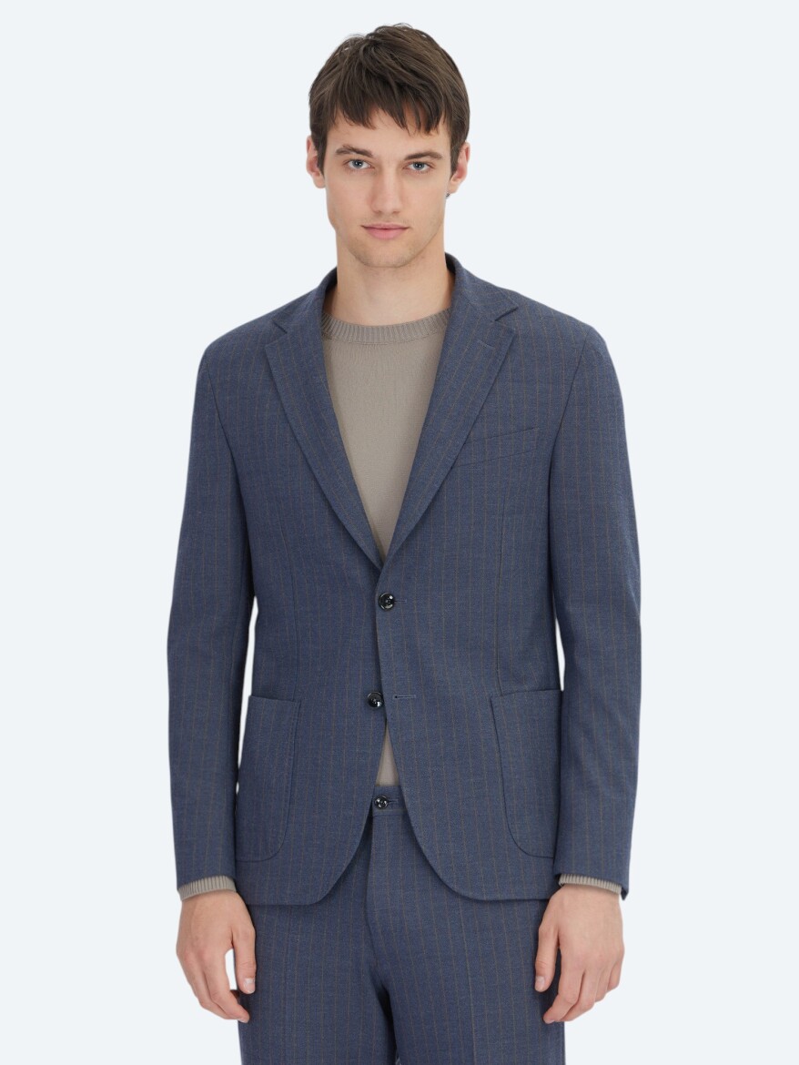 Light Navy Blue Striped Modern Fit Suit - 1