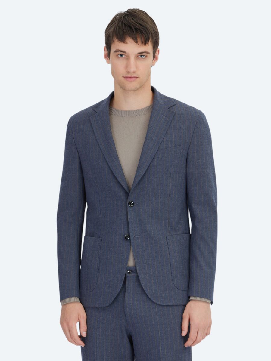 Light Navy Blue Striped Modern Fit Suit - 1