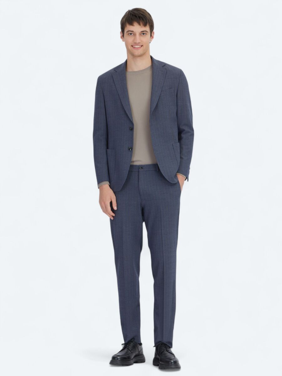 Light Navy Blue Striped Modern Fit Suit - 2