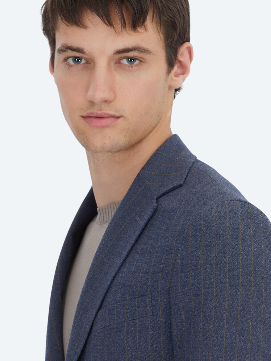 Light Navy Blue Striped Modern Fit Suit - 5