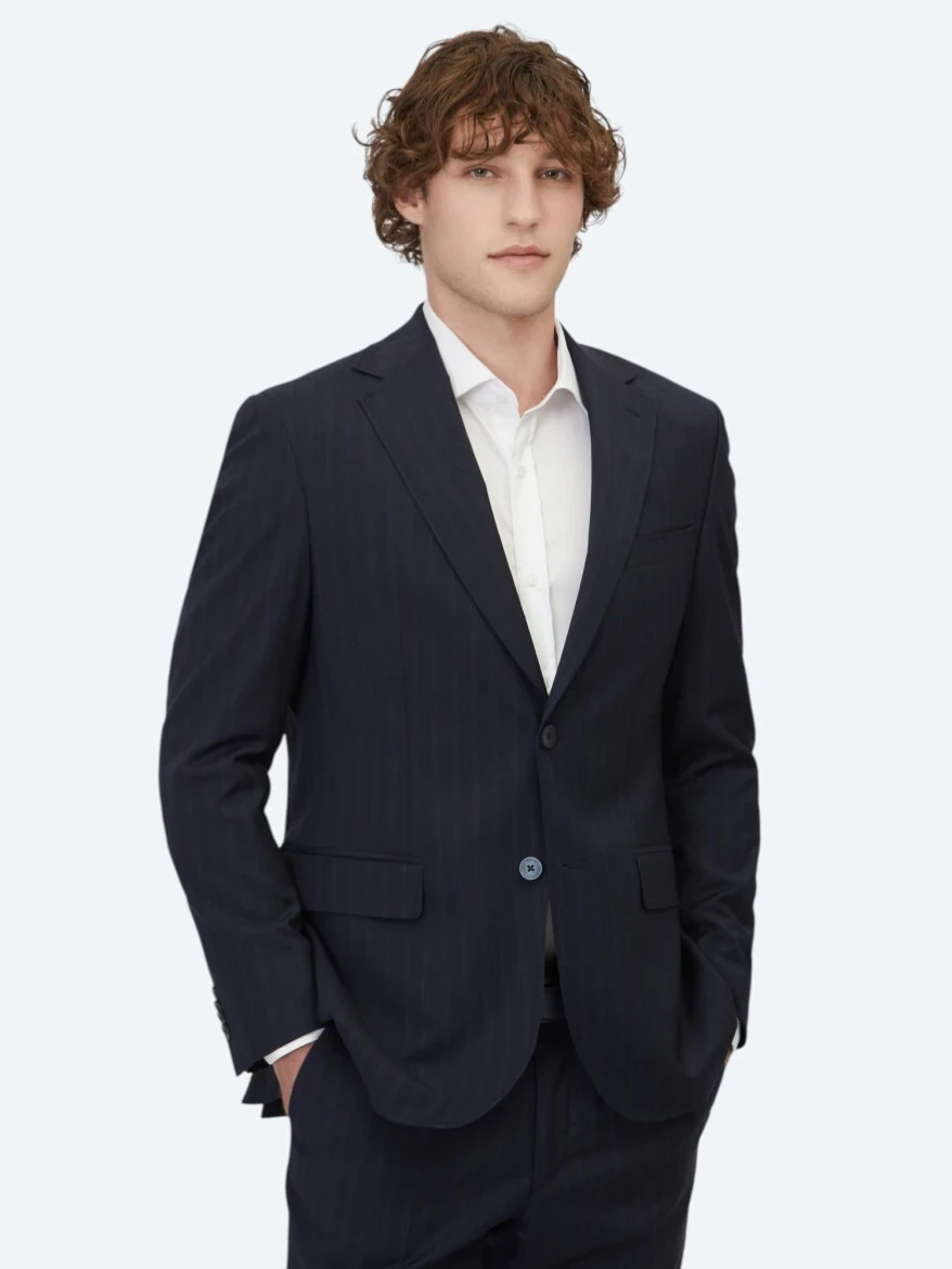 Light Navy Blue Striped Modern Fit Wool Blended Suit - 1