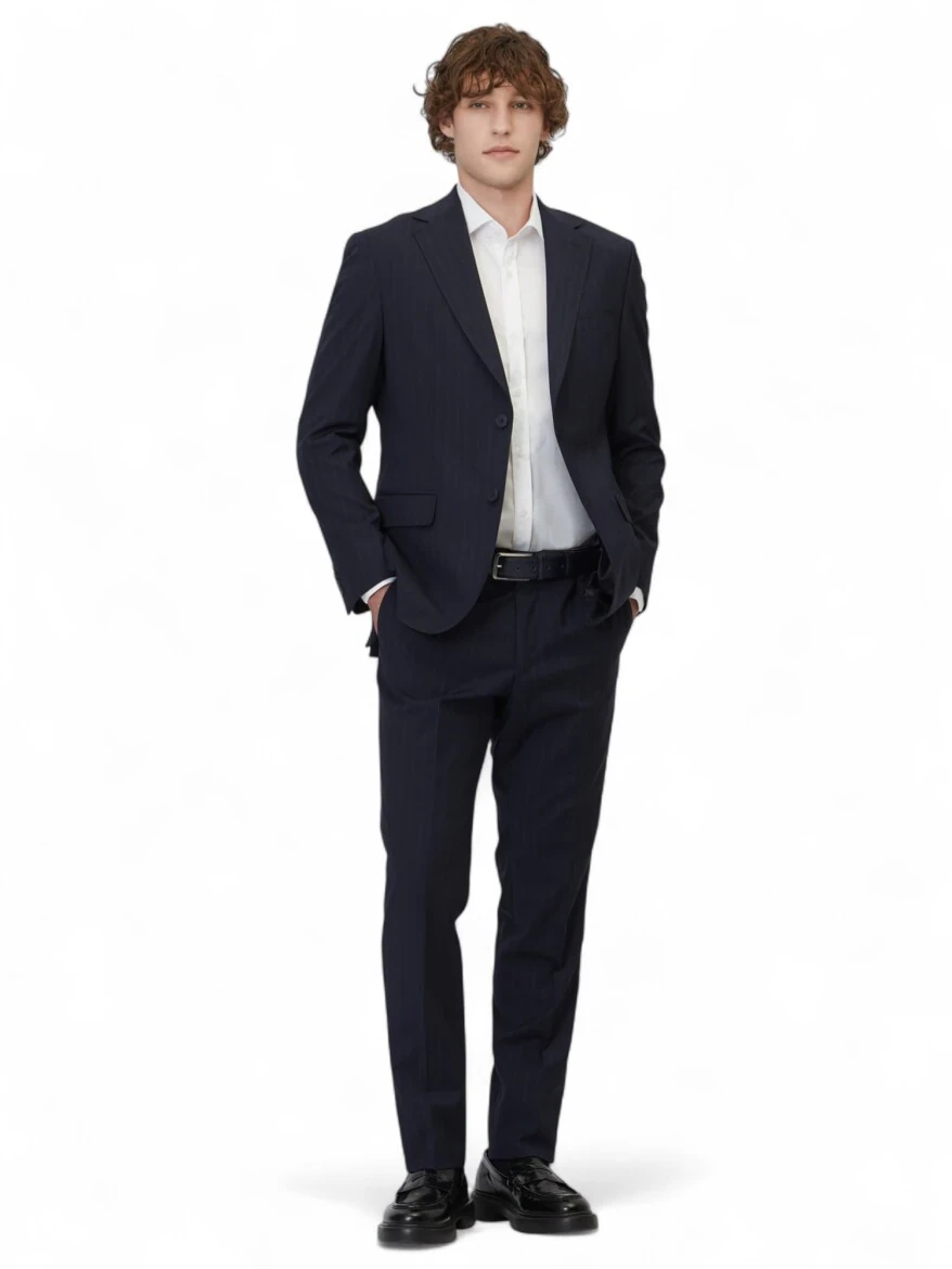 Light Navy Blue Striped Modern Fit Wool Blended Suit - 2