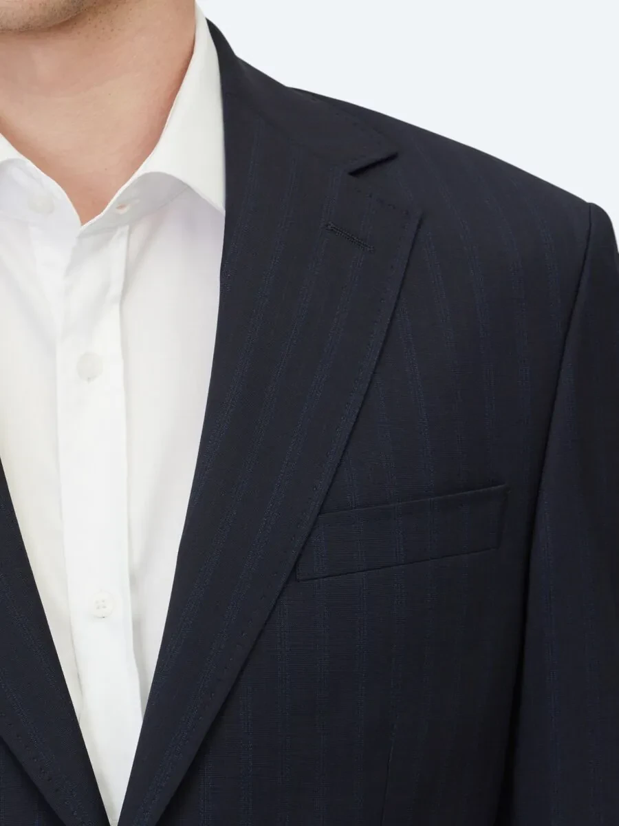 Light Navy Blue Striped Modern Fit Wool Blended Suit - 4