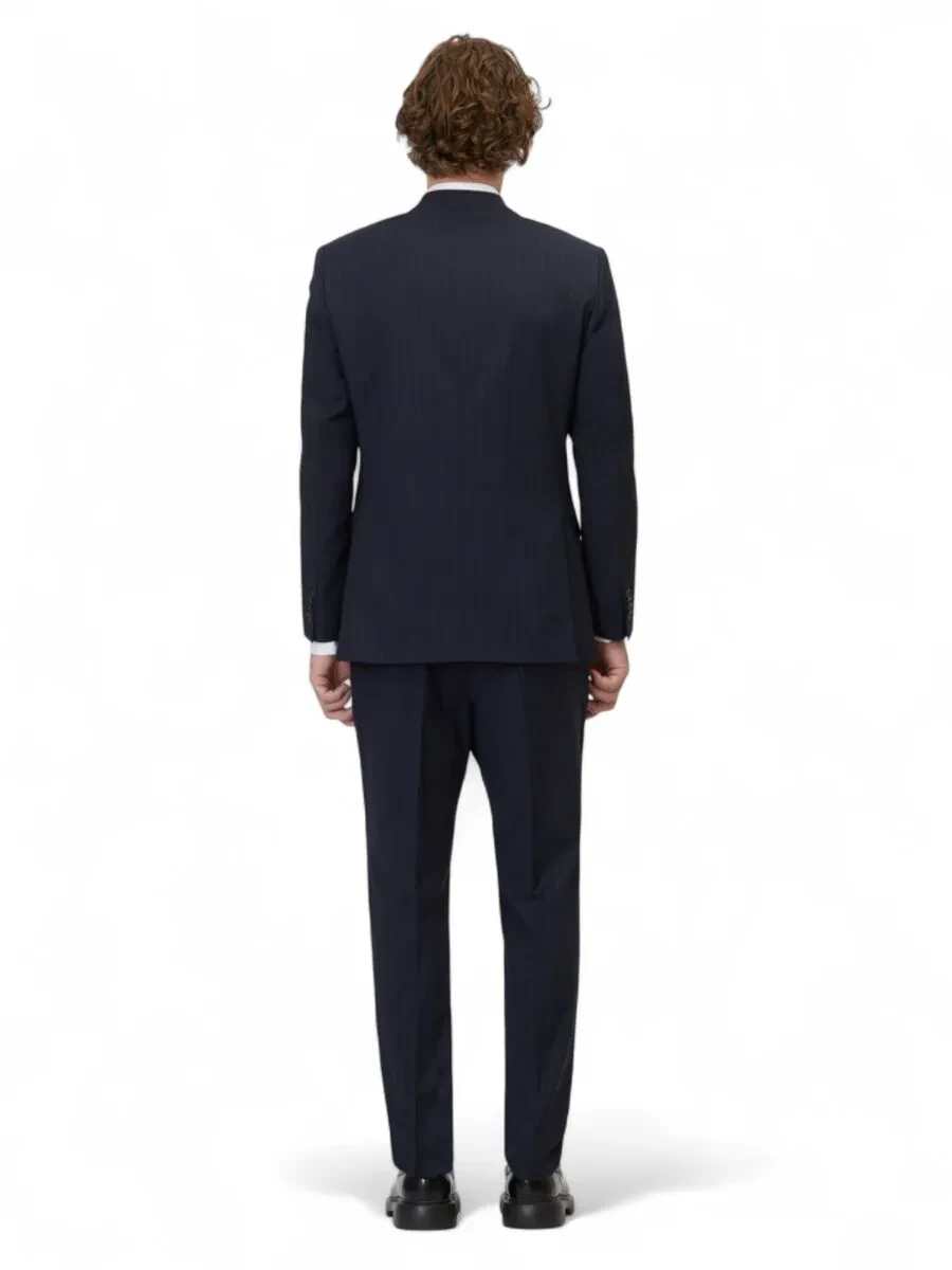 Light Navy Blue Striped Modern Fit Wool Blended Suit - 5