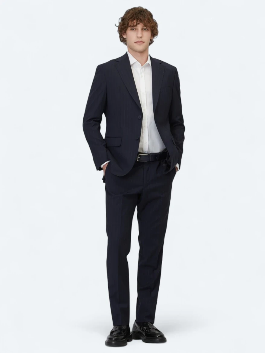 Light Navy Blue Striped Modern Fit Wool Blended Suit - 2