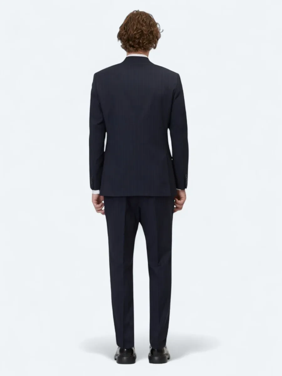 Light Navy Blue Striped Modern Fit Wool Blended Suit - 5