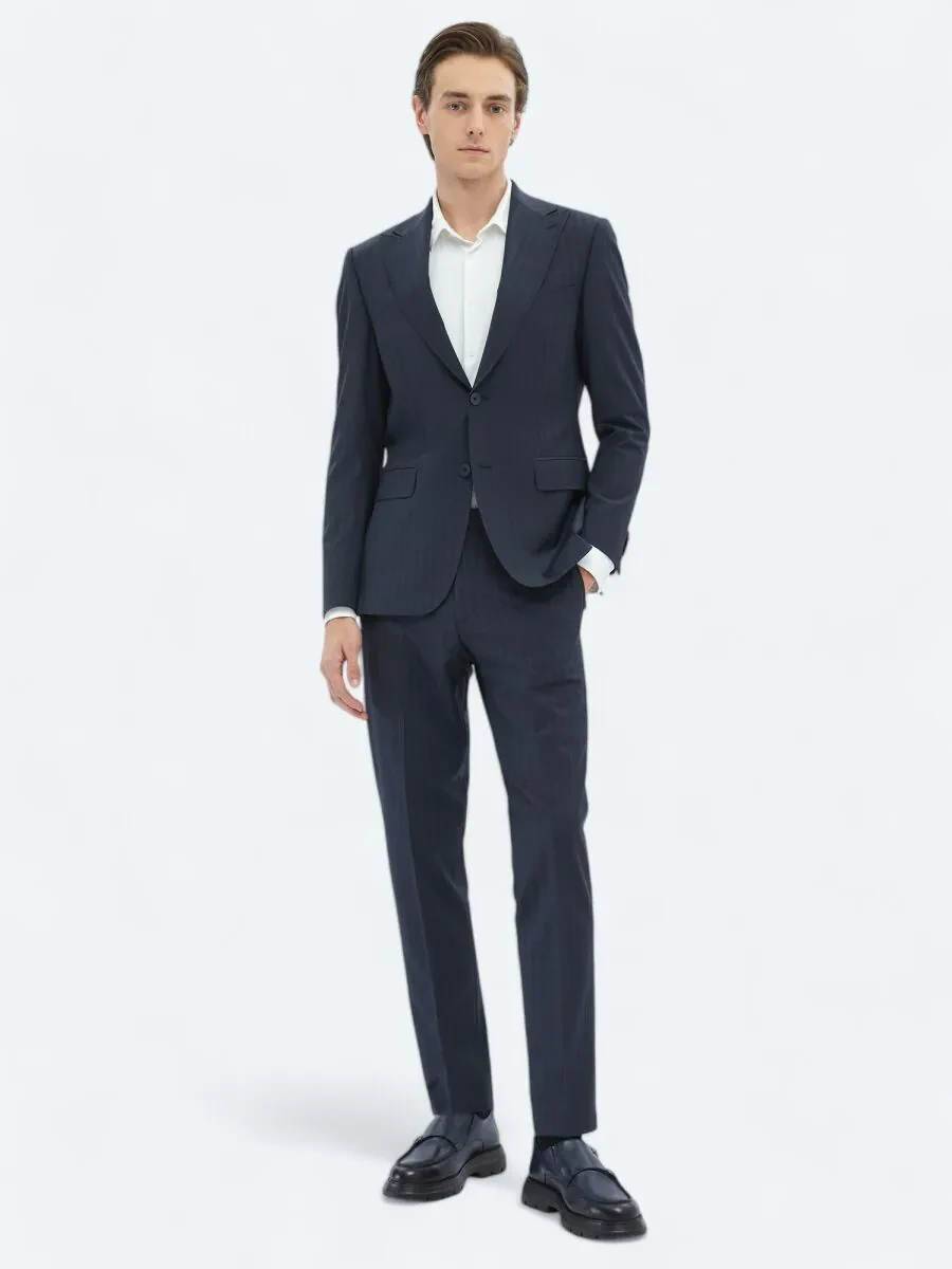 Light Navy Blue Striped Modern Fit Wool Blended Suit - 2
