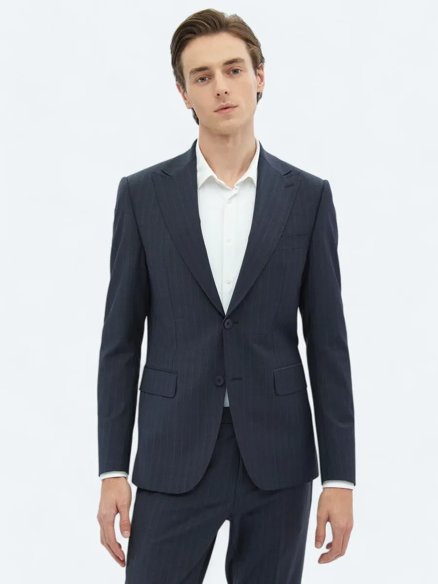 Light Navy Blue Striped Modern Fit Wool Blended Suit - 3