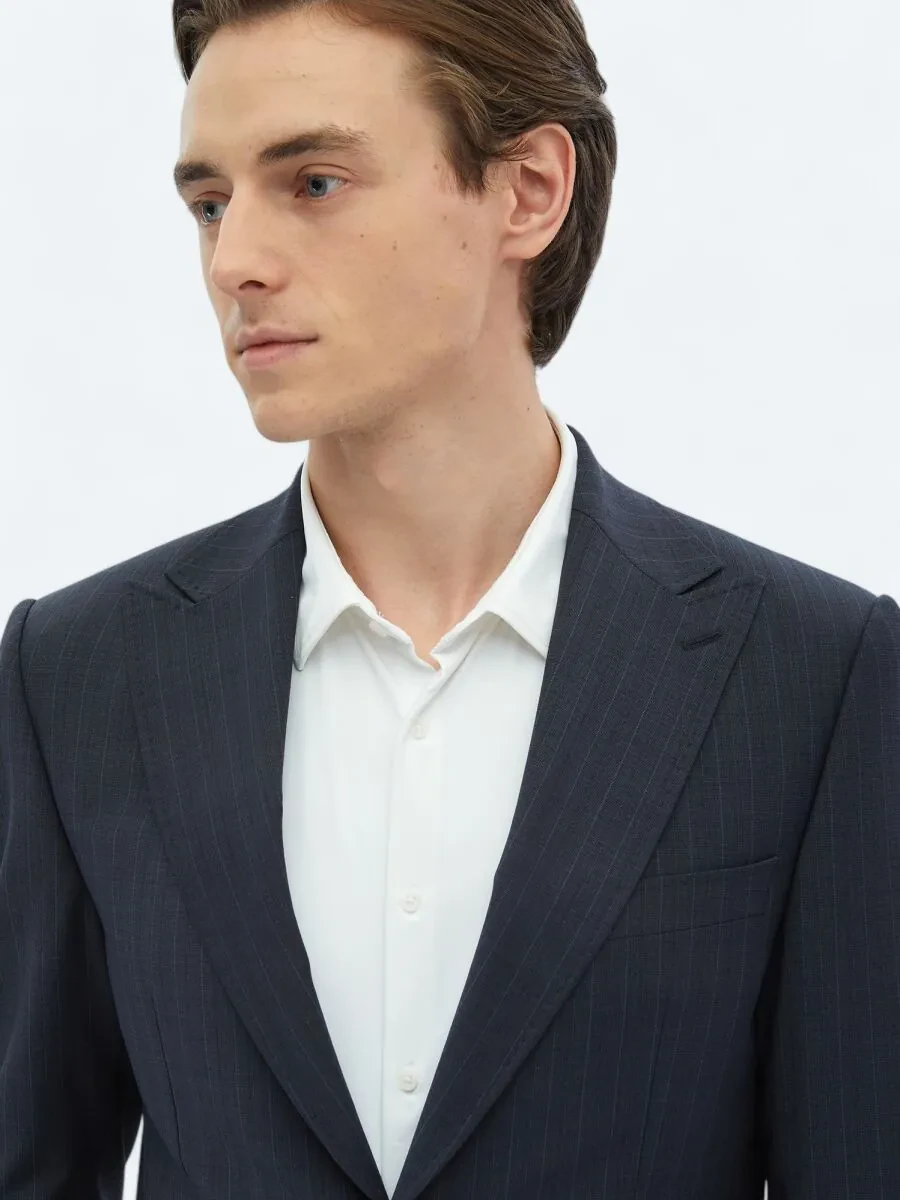 Light Navy Blue Striped Modern Fit Wool Blended Suit - 5