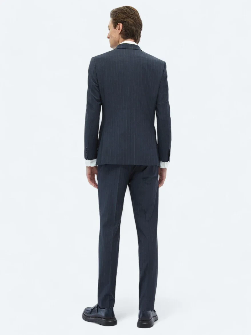 Light Navy Blue Striped Modern Fit Wool Blended Suit - 7