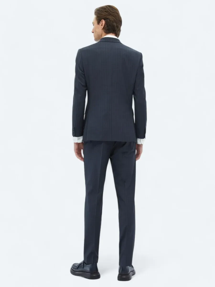 Light Navy Blue Striped Modern Fit Wool Blended Suit - 7