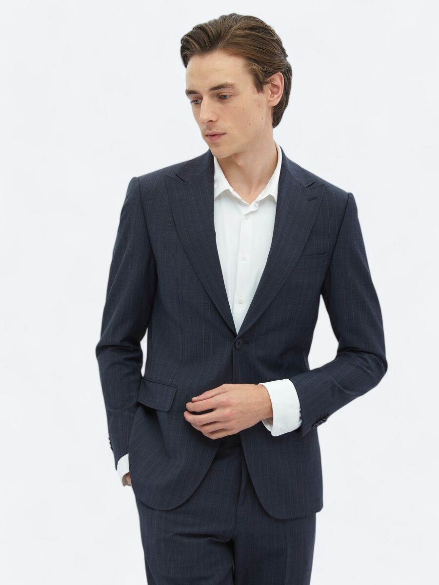 Light Navy Blue Striped Modern Fit Wool Blended Suit - 1