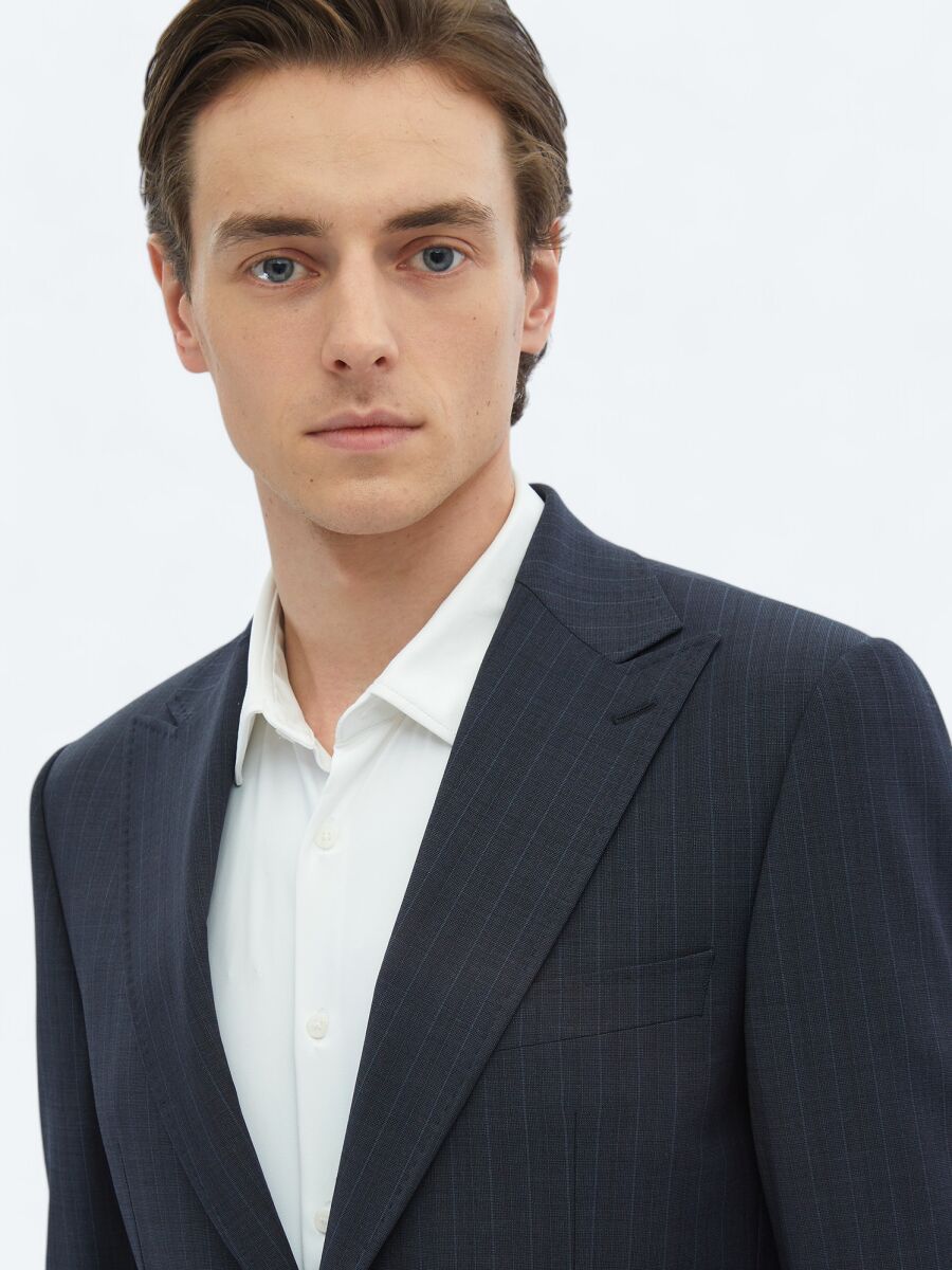 Light Navy Blue Striped Modern Fit Wool Blended Suit - 4