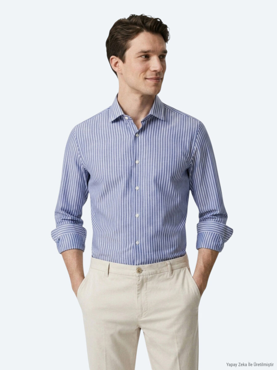 Light Navy Blue Striped Regular Fit Long Weaving Casual Cotton Blended Shirt - 1