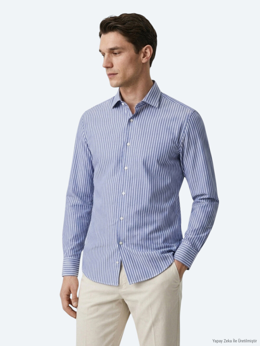 Light Navy Blue Striped Regular Fit Long Weaving Casual Cotton Blended Shirt - KİP