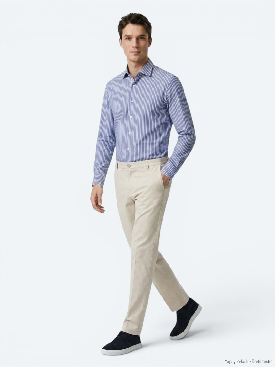 Light Navy Blue Striped Regular Fit Long Weaving Casual Cotton Blended Shirt - 3