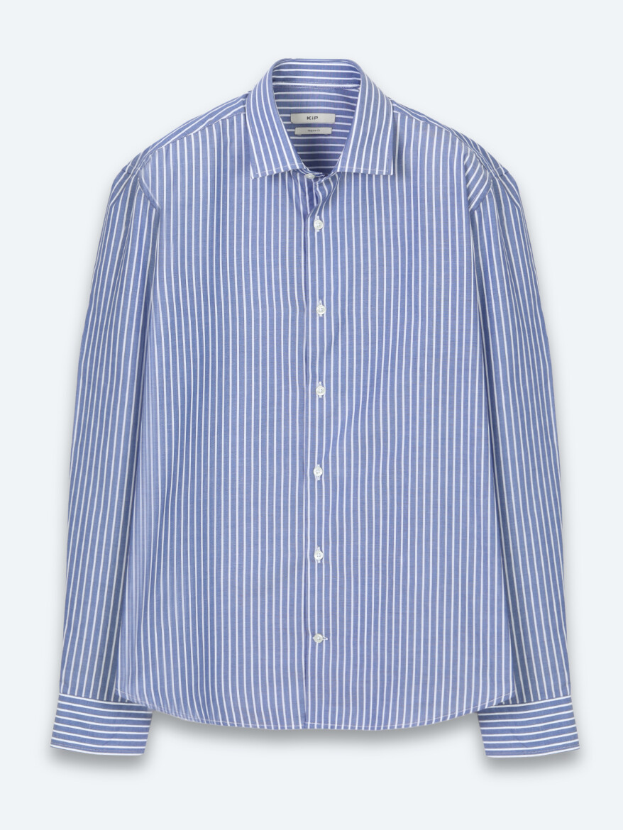 Light Navy Blue Striped Regular Fit Long Weaving Casual Cotton Blended Shirt - 6