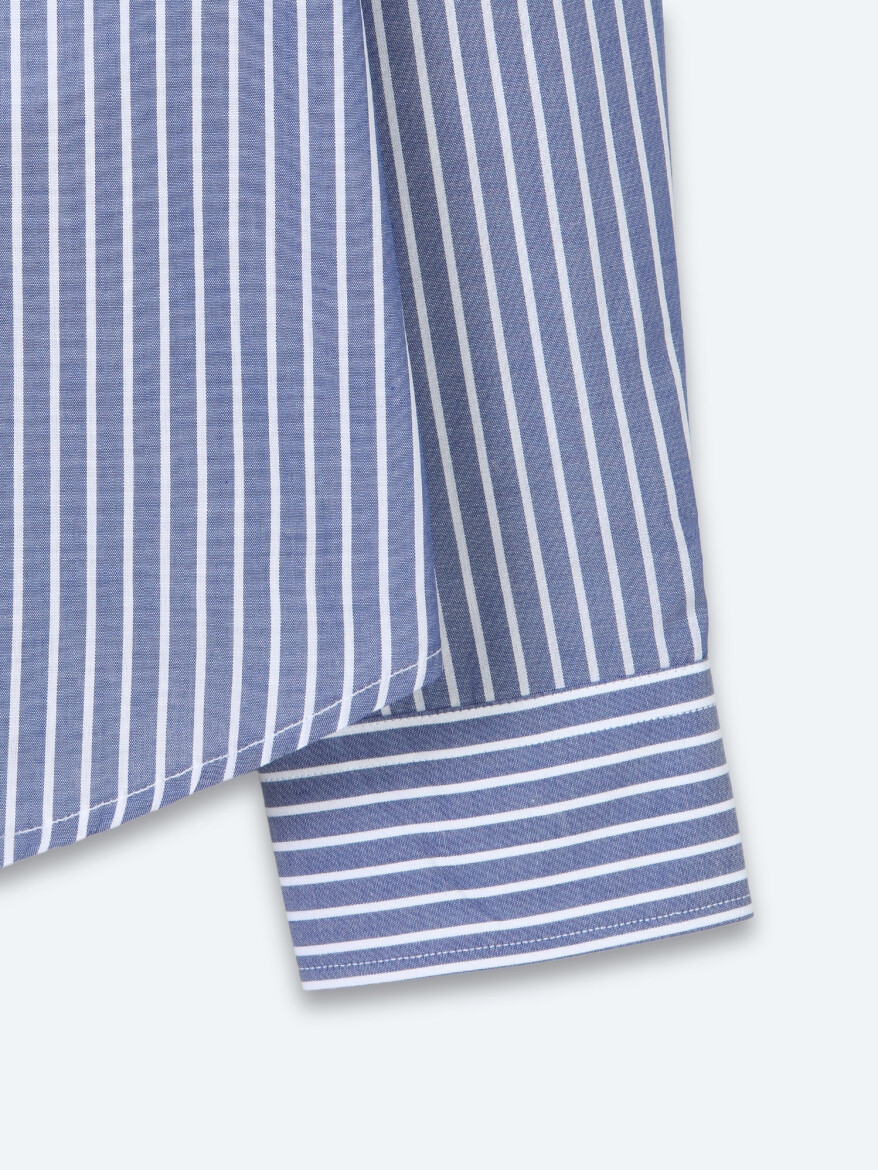 Light Navy Blue Striped Regular Fit Long Weaving Casual Cotton Blended Shirt - 8