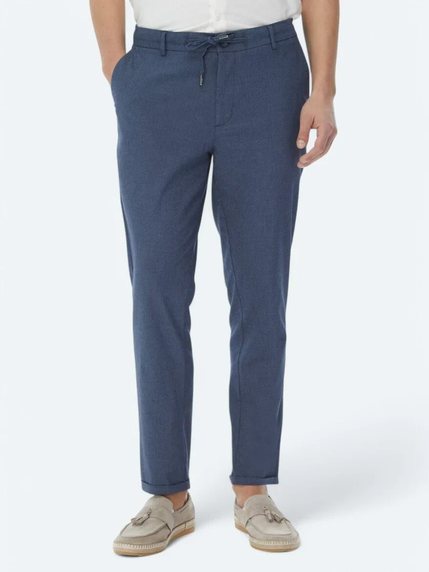 Light Navy Blue Weaving Jogging Fit Casual Cotton Blended Trousers - 2