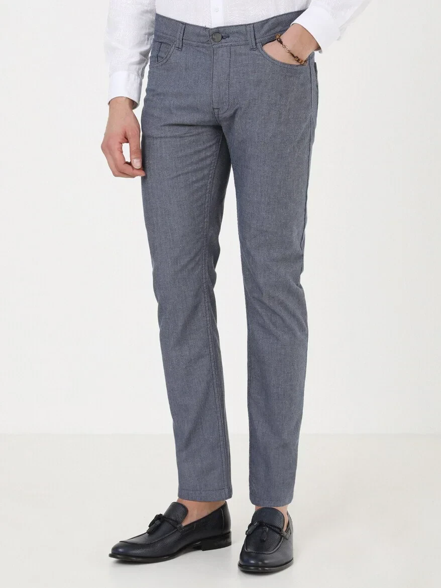 Light Navy Blue Weaving Regular Fit Casual Cotton Blended Trousers - 1