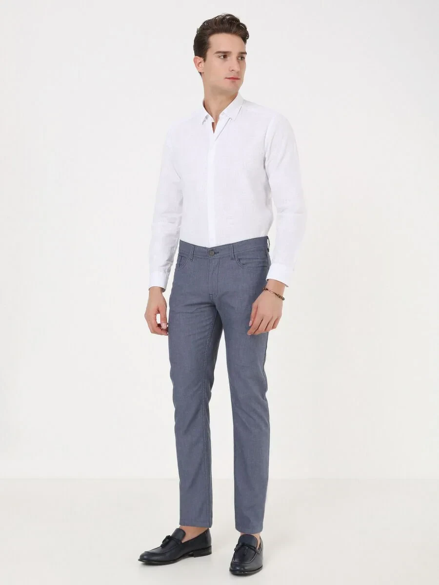 Light Navy Blue Weaving Regular Fit Casual Cotton Blended Trousers - 2