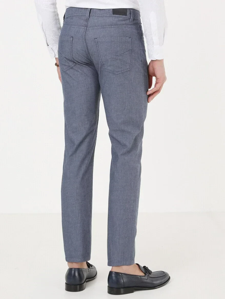 Light Navy Blue Weaving Regular Fit Casual Cotton Blended Trousers - 4
