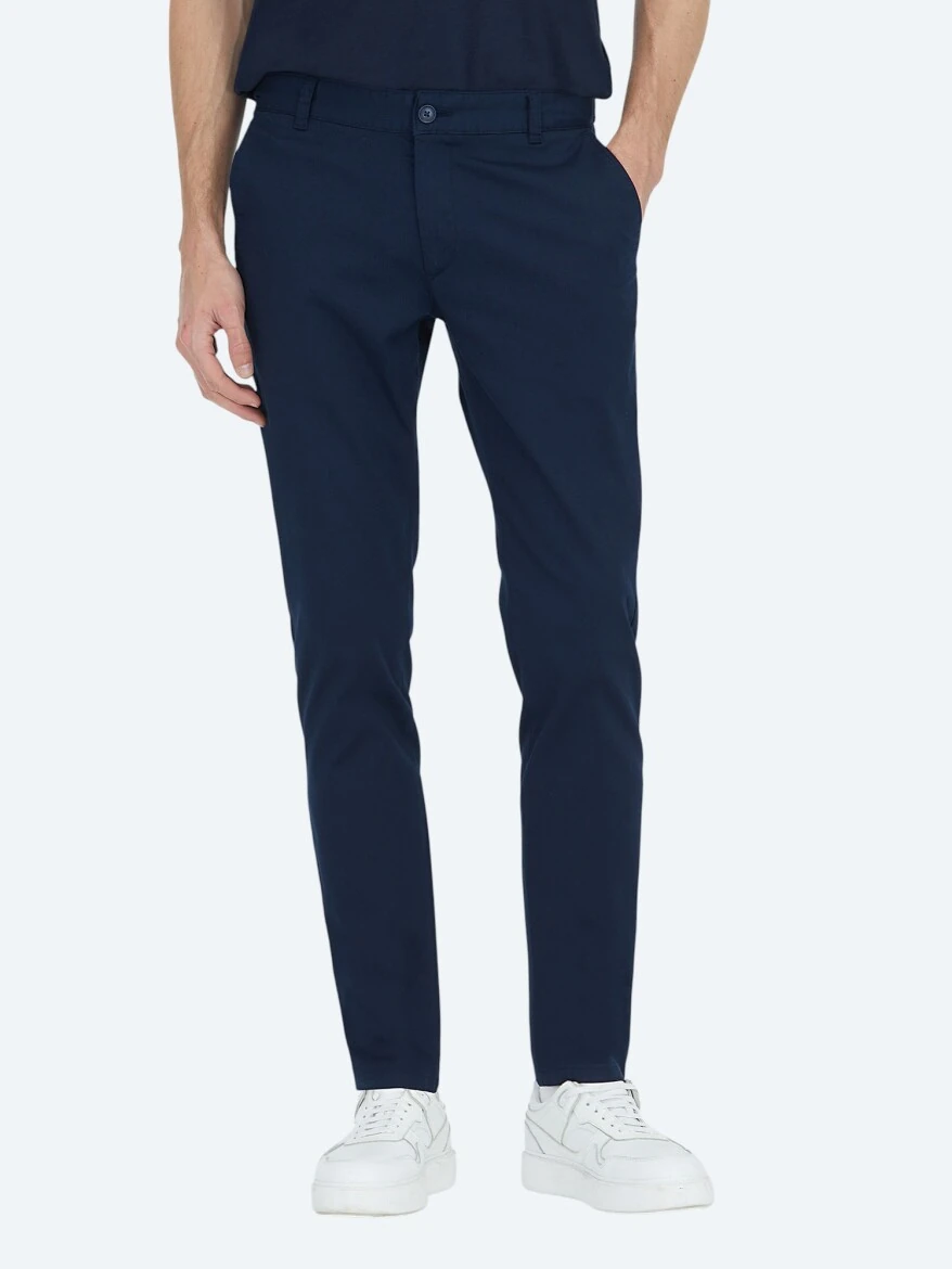 Light Navy Blue Weaving Regular Fit Casual Cotton Blended Trousers - KİP