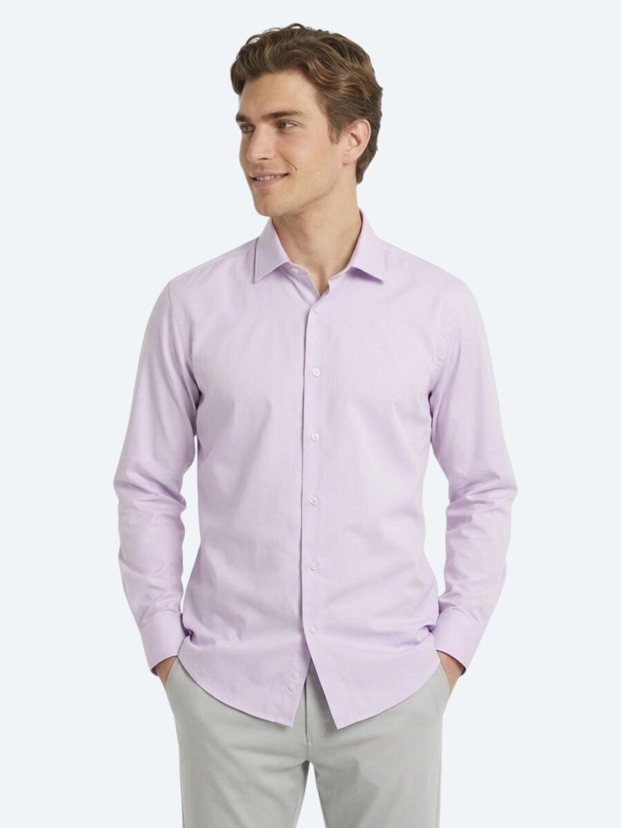 Light Pink Regular Fit Long Weaving Casual Cotton Blended Shirt - 1