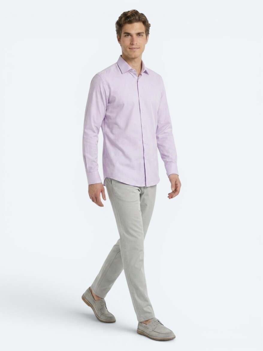 Light Pink Regular Fit Long Weaving Casual Cotton Blended Shirt - 2