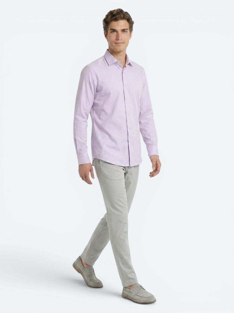 Light Pink Regular Fit Long Weaving Casual Cotton Blended Shirt - 2