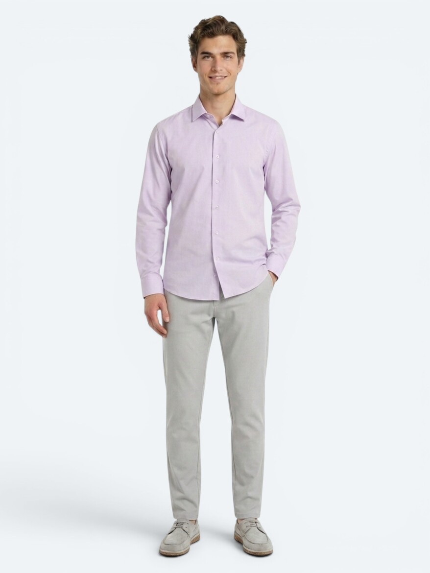 Light Pink Regular Fit Long Weaving Casual Cotton Blended Shirt - 4